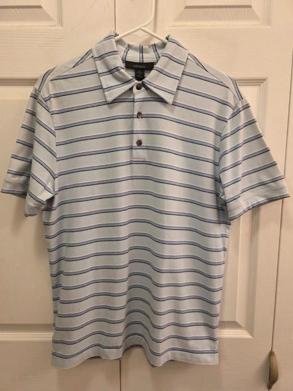 Express Men's Light Blue Polo with Navy Stripe